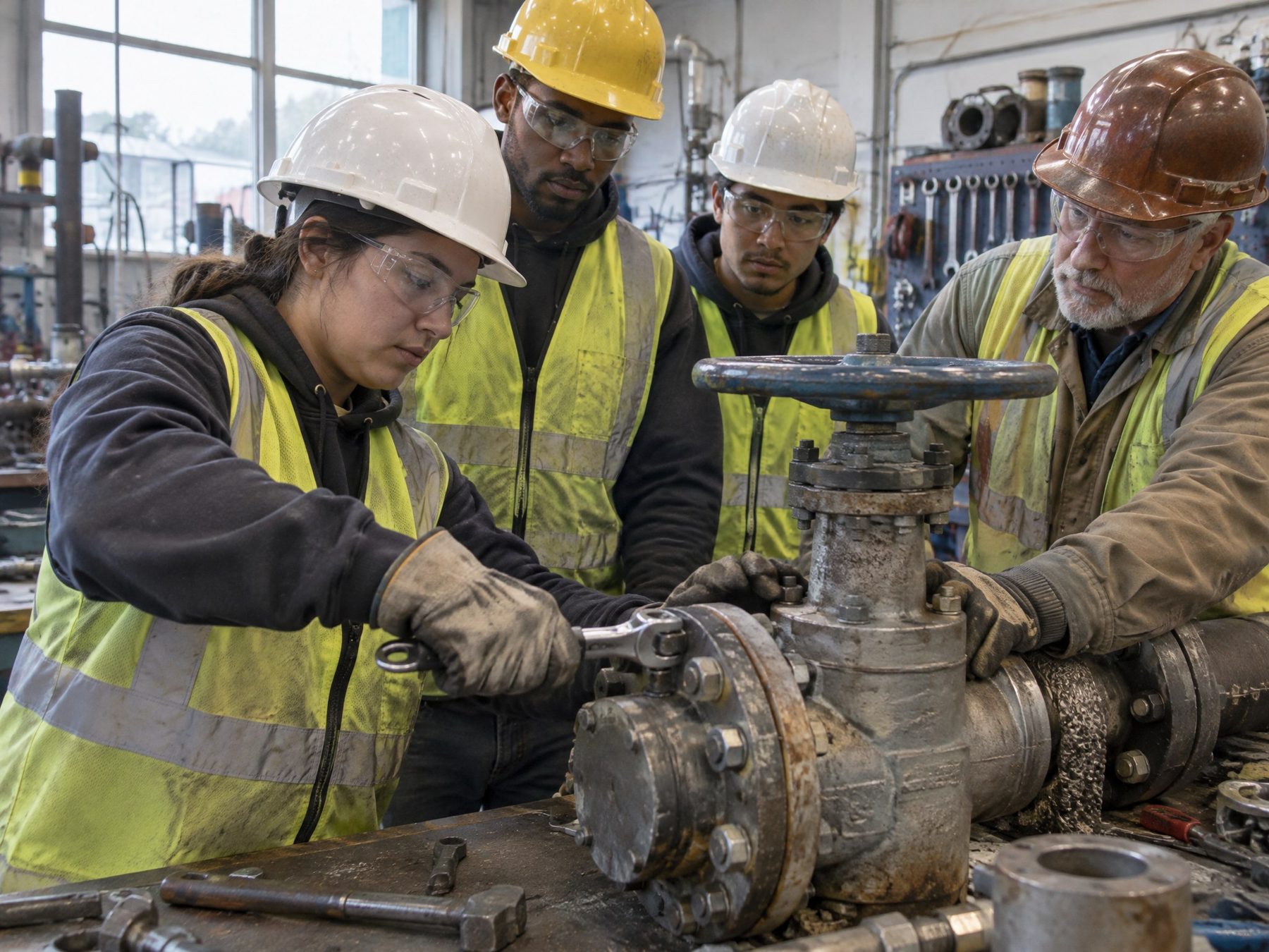 Trade-school students and an instructor working hands-on on an industrial gate valve